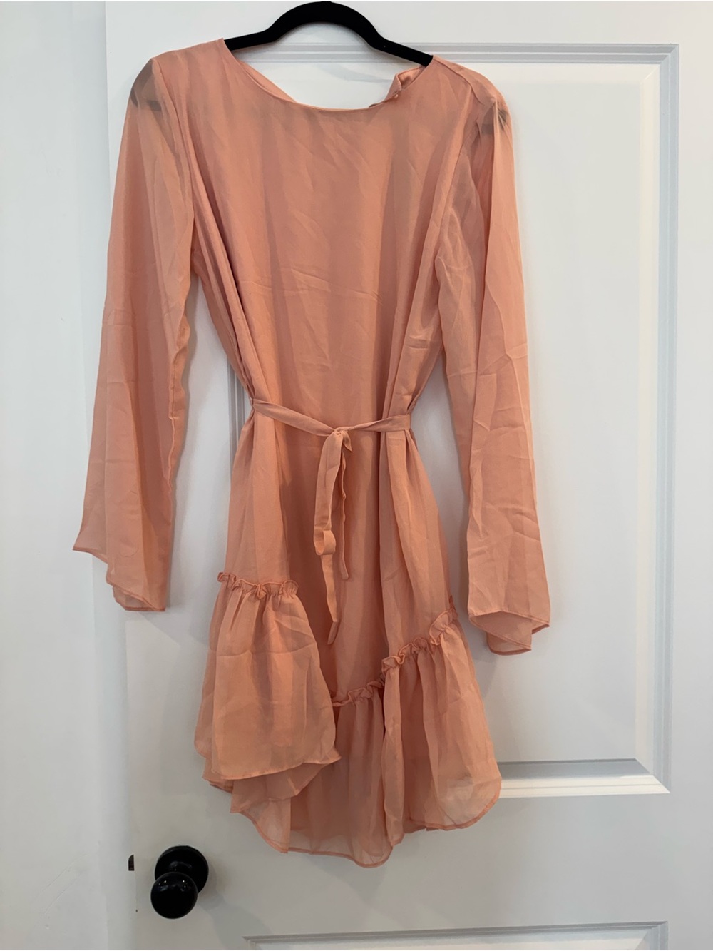 Peach Long Sleeve Ruffle Dress with Tie Waist
